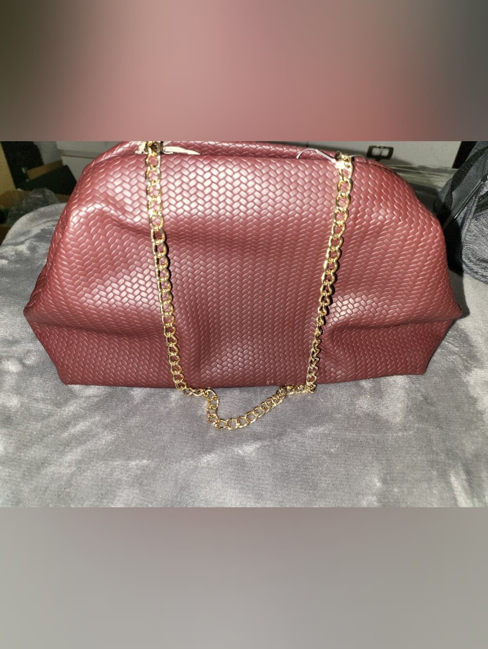 A New Day Textured Burgundy Shoulder Bag with Gold Chain Strap